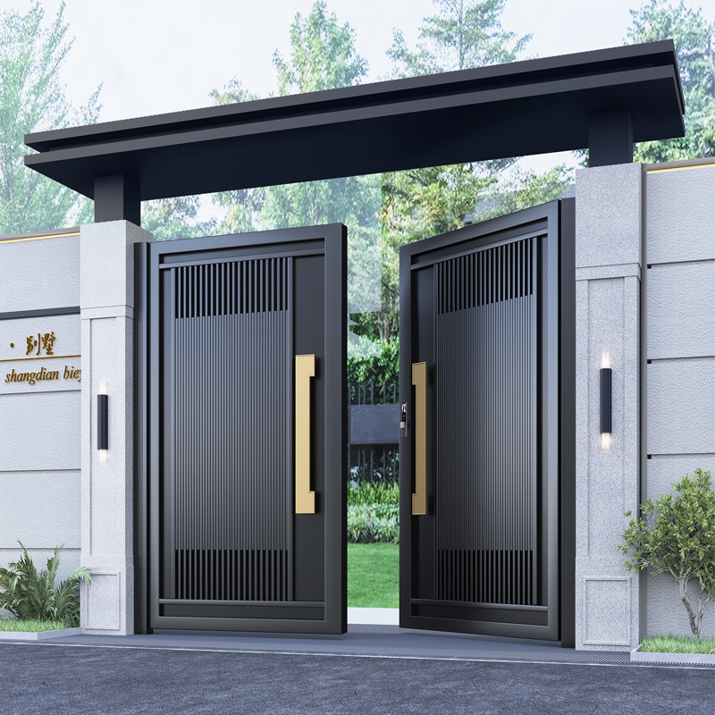 铝合金大门别墅门铁艺庭院门楼农村自建房花园门头双开不锈钢电动
