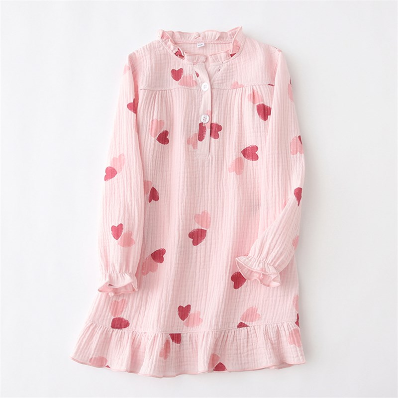 春秋日系纯棉纱布儿童长袖睡裙女童宝宝公主睡衣女孩亲子家居服