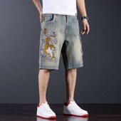 夏季 潮 男破洞宽松直筒帅气5分中裤 薄款 怀旧浅色刺绣五分牛仔短裤