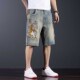 夏季 潮 男破洞宽松直筒帅气5分中裤 薄款 怀旧浅色刺绣五分牛仔短裤