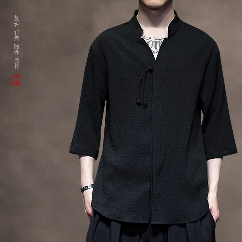 中国风男装夏季复古风冰丝短袖衬衫男士薄款上衣中式汉服七分袖