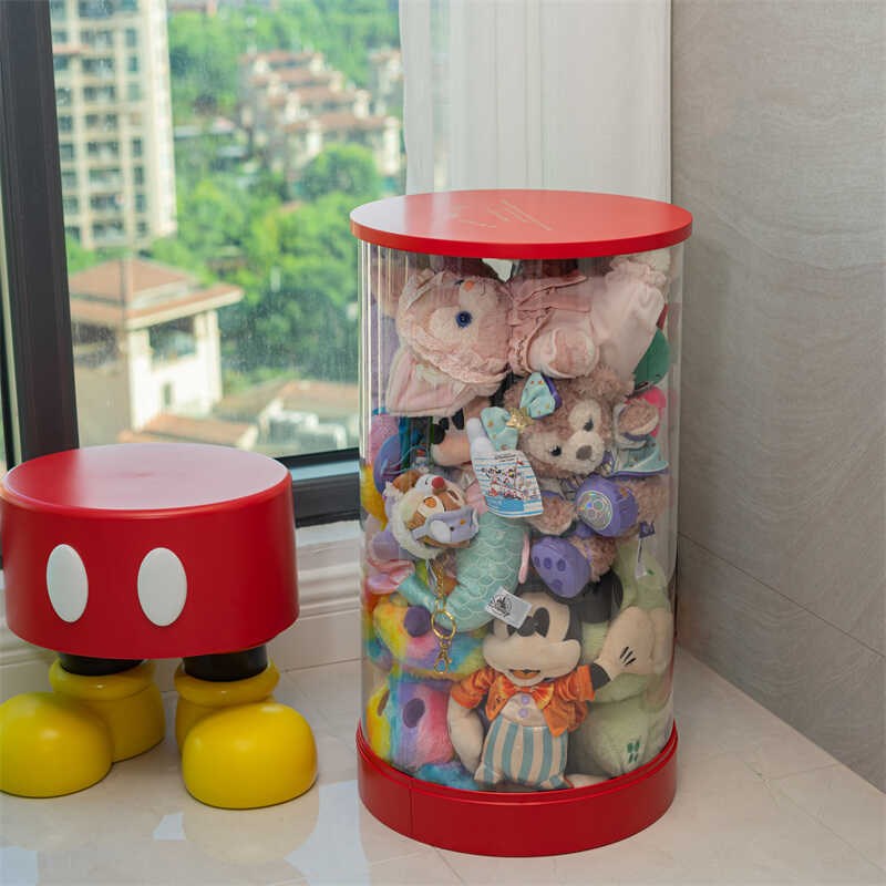 放装娃娃的透明桶超大号圆柱玩偶公仔整理筒毛绒玩具筐红色收纳桶