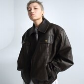 GRNL铁锈驳杂 复古廓形水洗做旧机车外套男女垫肩短款 皮夹克