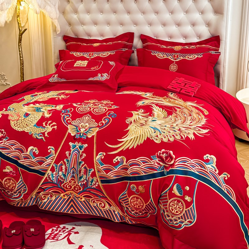 高档中式龙凤刺绣结婚四件套大红色新婚被套婚庆床上用品婚房陪嫁