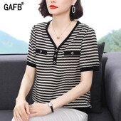 短袖 百搭印花条纹冰丝薄v领上衣 宽松舒适时尚 T恤女2025夏季 新款