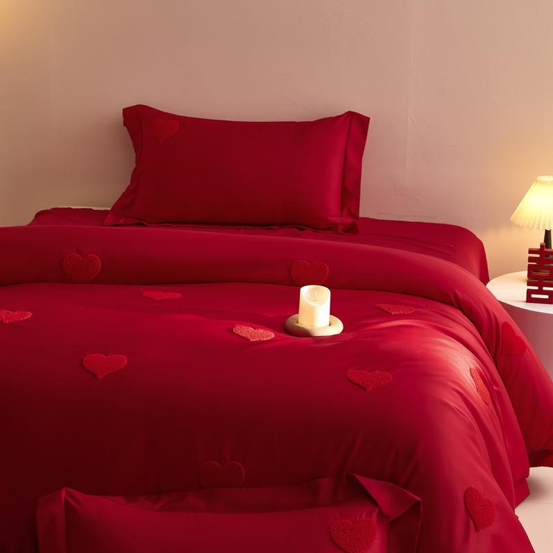 高档提花结婚床上四件套婚庆大红色纯棉全棉被套新婚房礼喜被床单