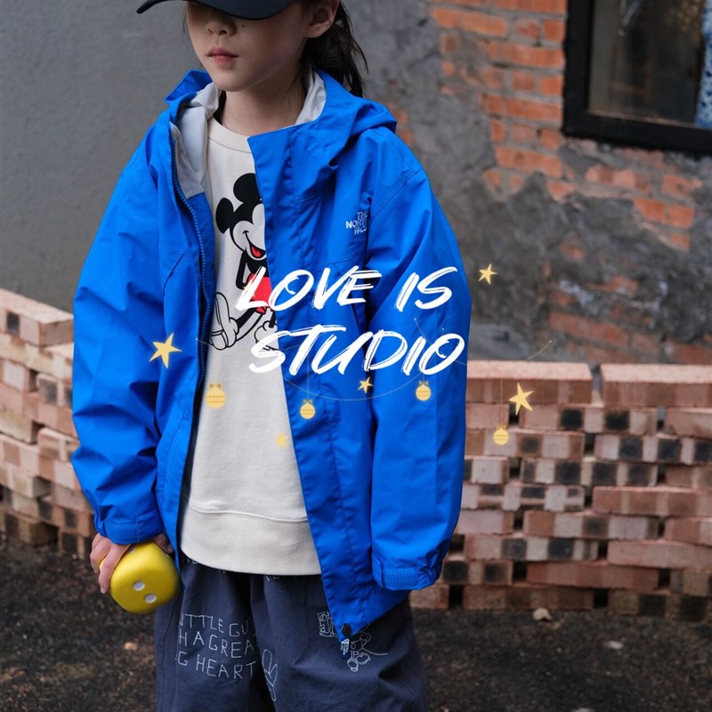 儿童冲锋衣日系户外潮25年春款多功能电光蓝色防风双层亲子外套