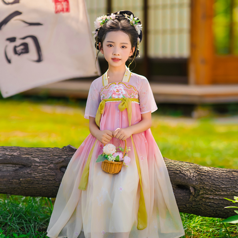 汉服女童夏季薄款短袖粉色连衣裙古风超仙改良襦裙中国风公主裙新