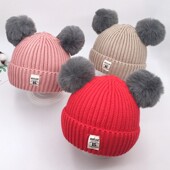 秋冬季 宝宝毛线h帽子男童1岁加绒女孩2毛球保暖针织帽3婴儿套头帽