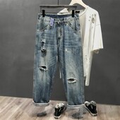 长裤 男生阔腿牛仔裤 hiphop裤 子男春夏薄款 高街破洞宽松直筒裤 美式