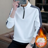 t恤休闲宽松打底衫 半拉链卫衣男2024秋冬加绒厚款 立领长袖 男保暖