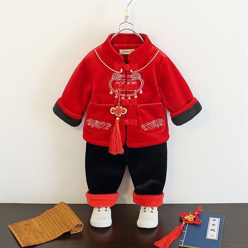 宝宝新年唐装周岁礼服冬款男童女童拜年服中国风汉服加厚儿童套装