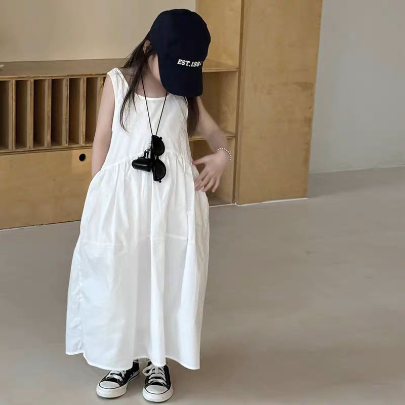 2025夏装裙子女童夏季纯色日系无袖连衣裙儿童背心裙宽松度假裙