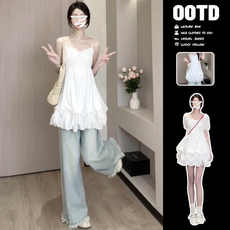 无袖白色吊带连衣裙女夏季2025新款小个子绝美海边度假沙滩花苞裙