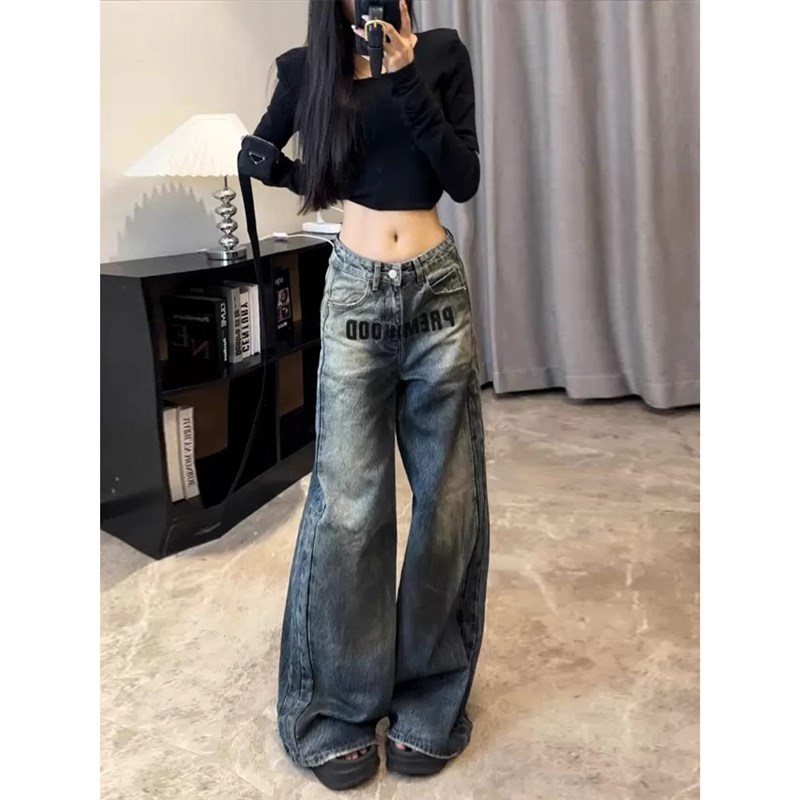 大码胖mm美式复古阔腿牛仔裤女字母刺绣秋季垂感宽松直筒拖地长裤