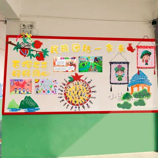 幼儿园学校主题墙面装饰环民族y团结一家亲石榴娃娃黑板报墙贴走