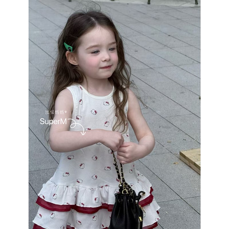 女童夏季新款韩版可爱卡通小猫背心裙宽松透气撞色公主连衣裙女宝