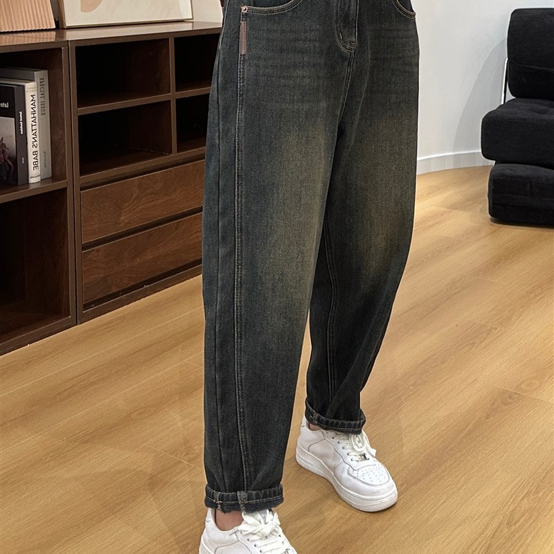 300斤加肥加大胖mm大码梨形身材牛仔裤女高腰遮肉阔腿哈伦牛仔裤