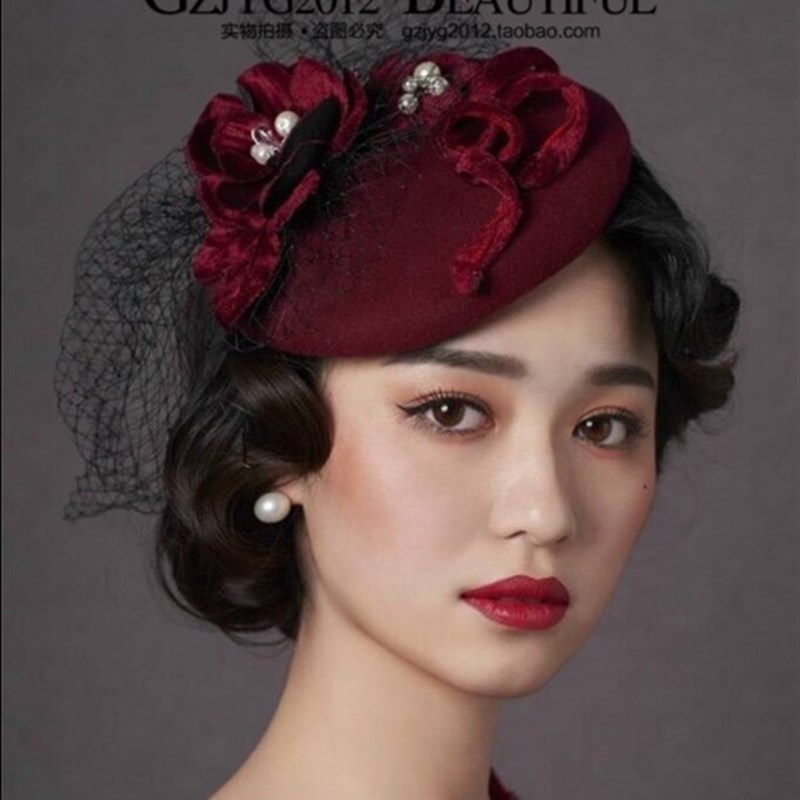韩式新娘头饰酒红网纱礼帽晚宴酒会复古遮面发饰婚纱礼服配饰品