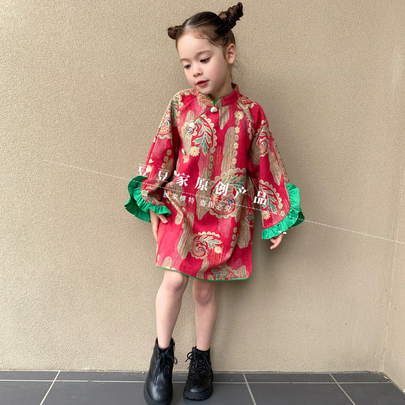 豆豆家定制女童走秀旗袍儿童国潮风时装2022秋冬花边宽袖宝宝礼服