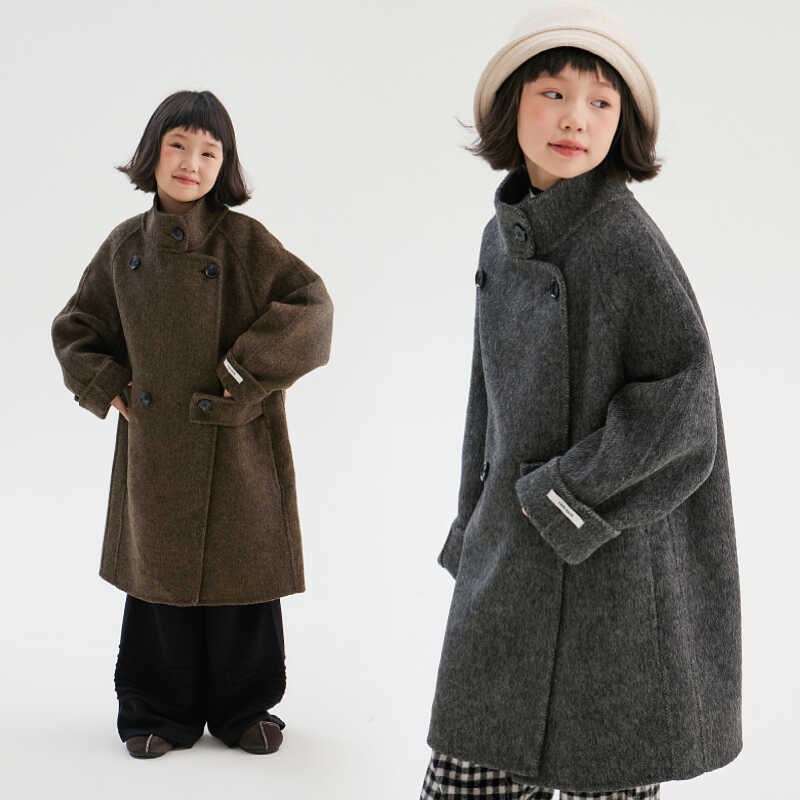 儿童双面羊绒大衣中古风小立领男女童双面呢大衣秋冬加厚毛呢外套