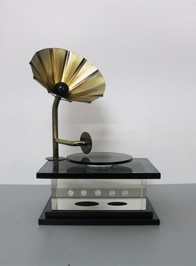 简约现代复古水晶金属留声机样板间家居客厅书房创意桌面装饰摆件