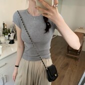 女2024夏季 新款 显瘦正肩T恤黄色修身 灰色针织短袖 韩版 收腰上衣女