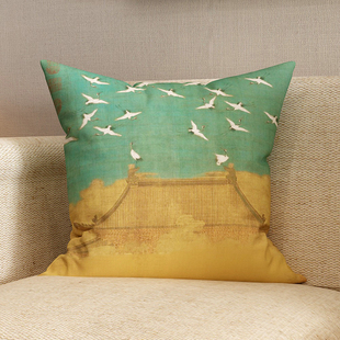 瑞鹤图中式抱枕中国风沙发红木家具茶楼倚靠客P厅靠垫亚麻飘窗靠