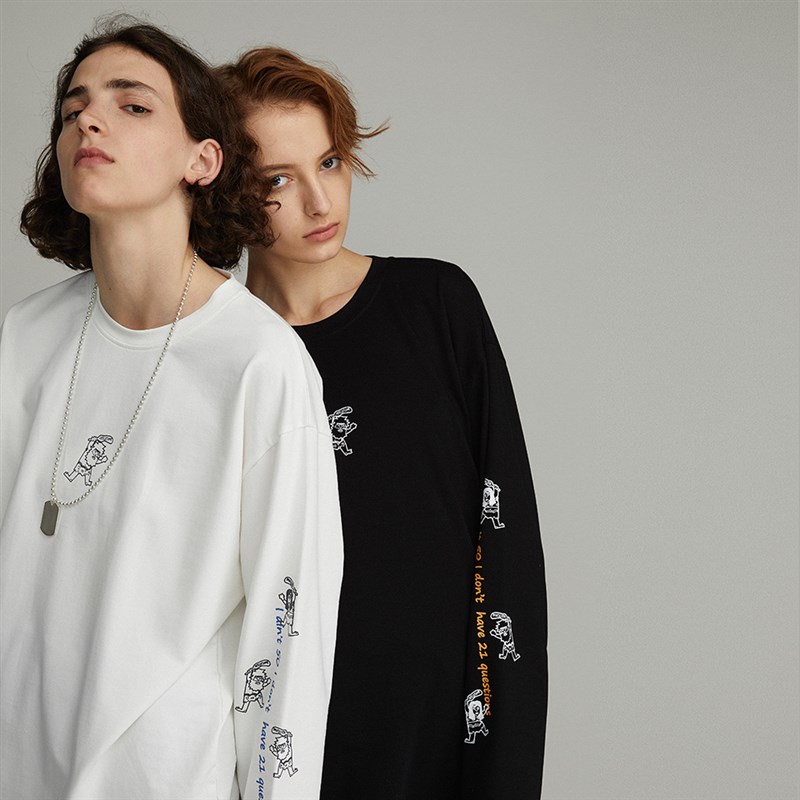 onedu长袖T恤女2021新款圆领卡通印花打底衫韩版宽松纯棉内搭上衣