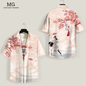 短袖 外套胖子薄款 衬衫 夏季 男士 古风仙鹤印花衬衣大码 透气寸衫 翻领