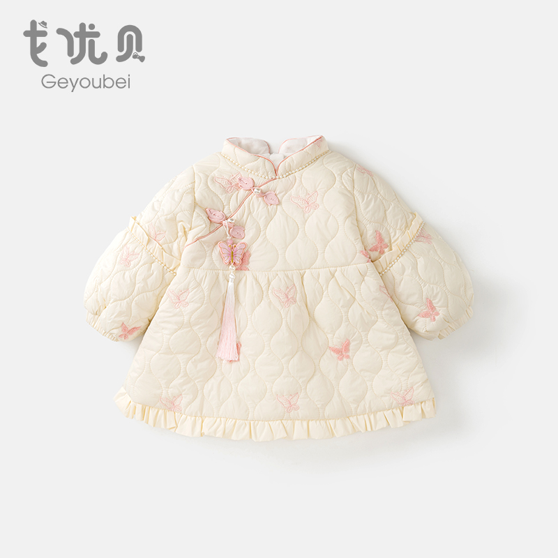 女童洋装冬装2023新款古风夹棉宝宝周岁礼服裙冬季小童公主裙子