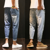 哈伦牛仔裤 小脚裤 男九分裤 秋季 宽松大码 韩版 子学生胖子潮流9分裤