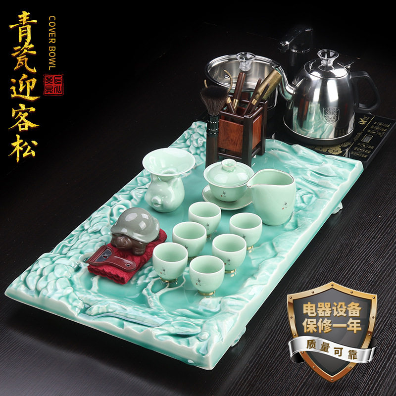 青瓷茶具套装手工迎客松茶盘泡茶盖碗杯子自动上水陶瓷功夫整套