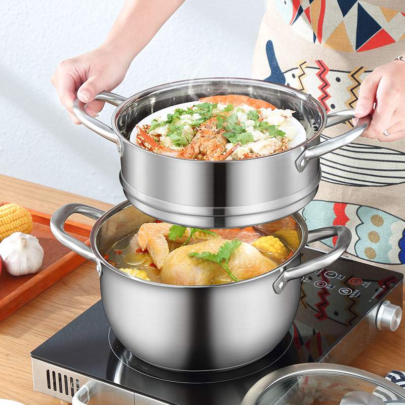 吉祥鹤304不锈钢奶锅钢柄加厚复底家用汤锅单人小汤锅复底汤蒸锅