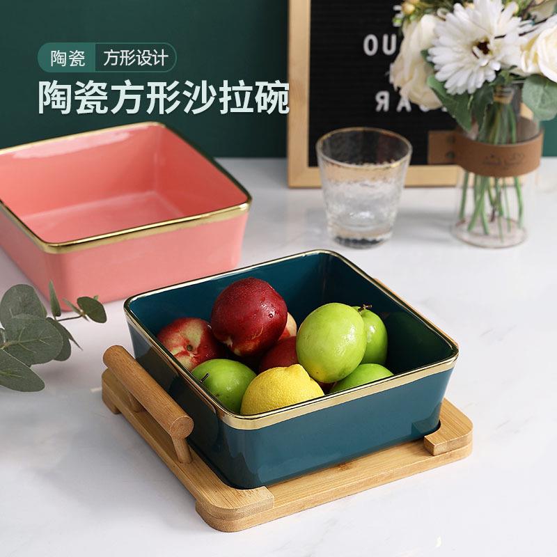 创意陶瓷果盘方碗甜品碗木架北欧大理石纹水果沙拉碗方形陶瓷餐具