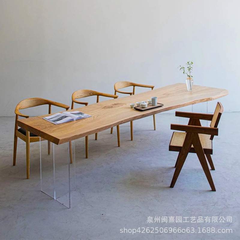 简约白蜡木双拼办公桌工作室家用亚克力实木工作台大板桌悬浮桌子