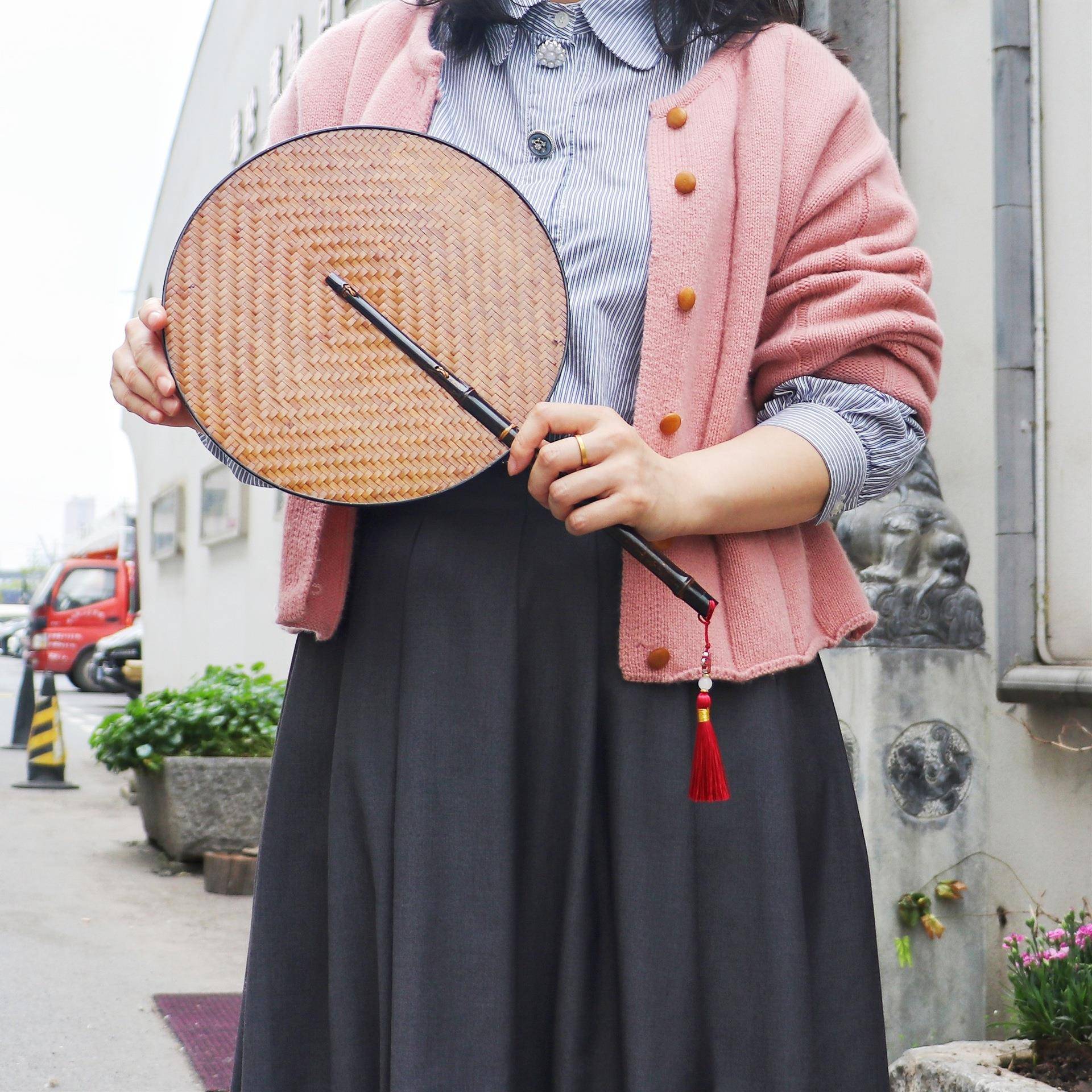 紫竹柄漆艺团扇竹编扇子竹凉扇古风配饰新中式风格圆形扇子