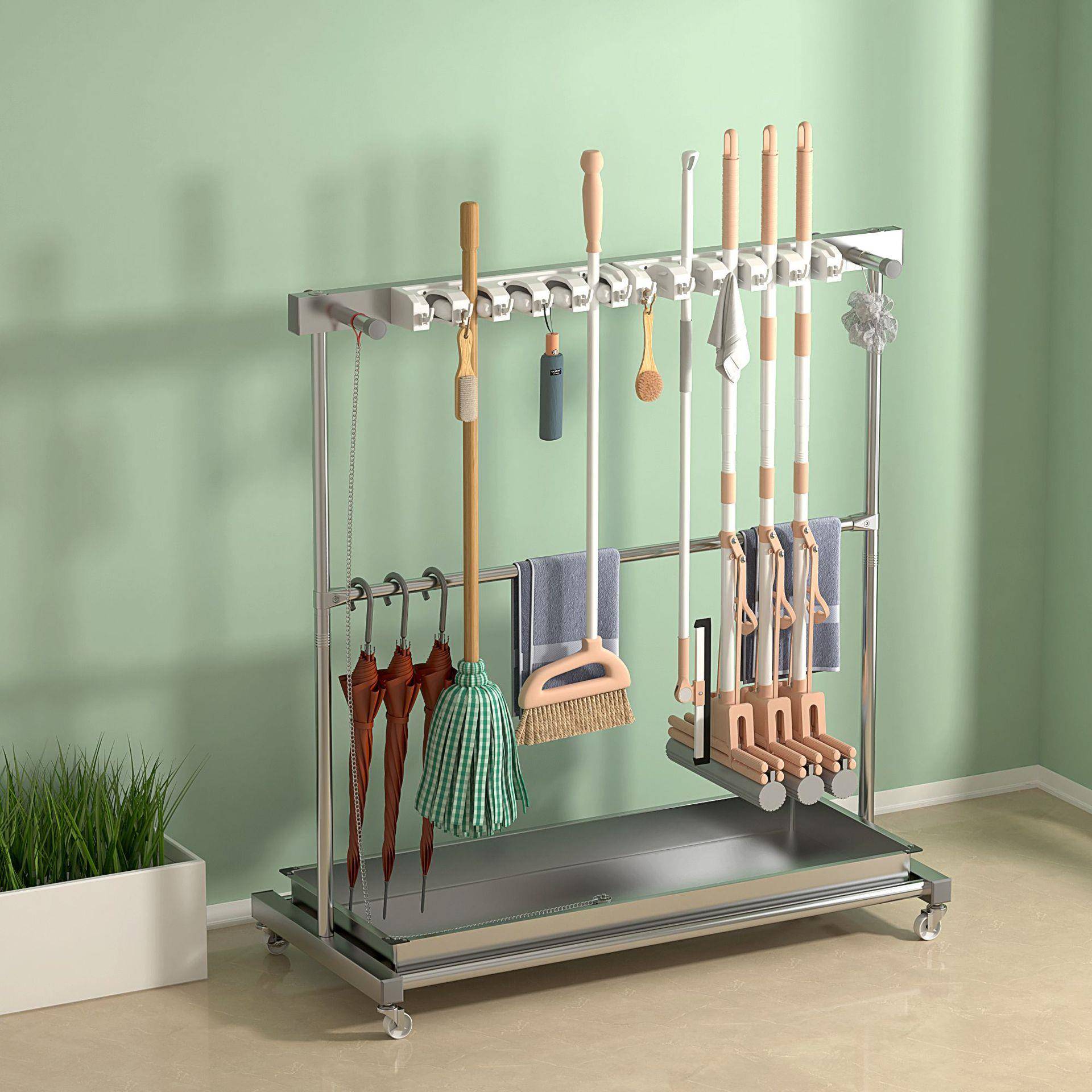 不锈钢接水盘拖把架落地式可移动清洁工具置物架雨伞收纳架