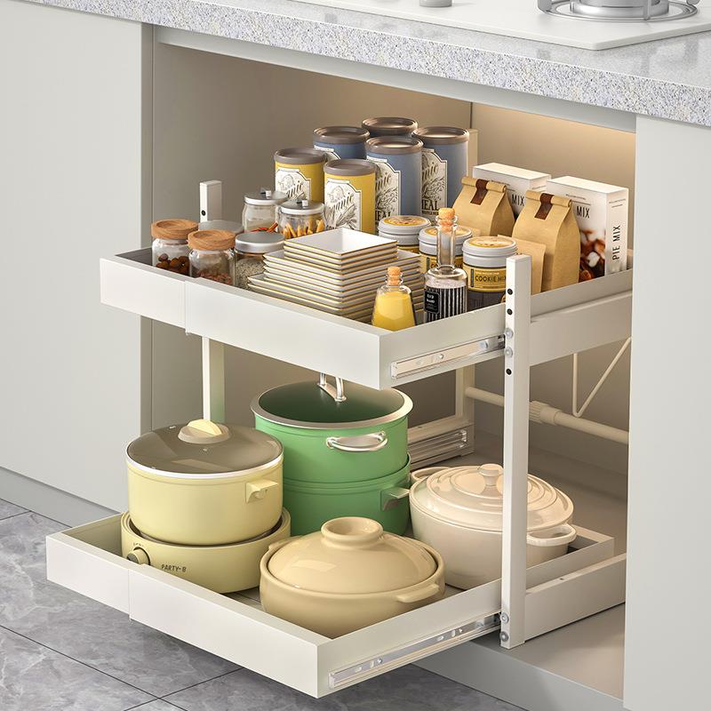 厨房可伸缩收纳架免打孔抽屉式橱柜碗碟调料拉篮下水槽抽拉置物架