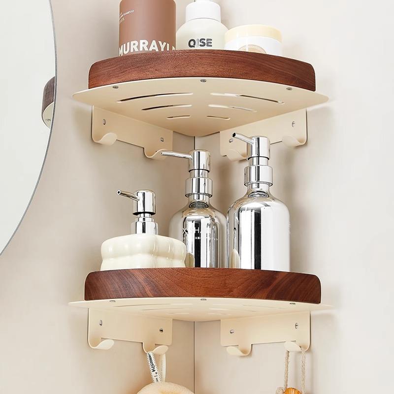 黑胡桃木奶白浴室置物架厕所实木三角篮免打孔转角置物架双层壁