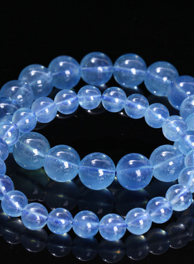 天然魔鬼蓝海蓝宝手链高级感水晶圆珠手串饰品礼物
