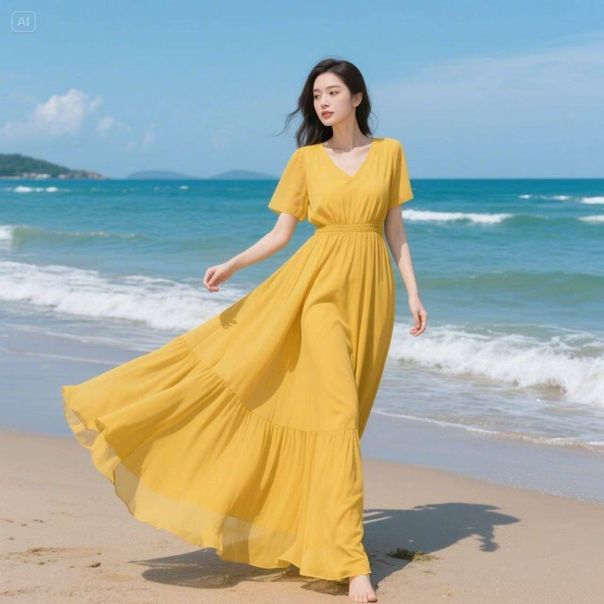 梨福阁原创设计师女装连衣裙长裙2025显瘦新款黄色雪纺海边夏季度