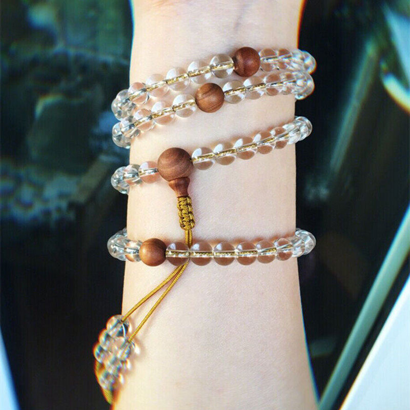 天然白水晶6mm佛珠手链纯净体手串念珠108颗搭配老山檀女款简约