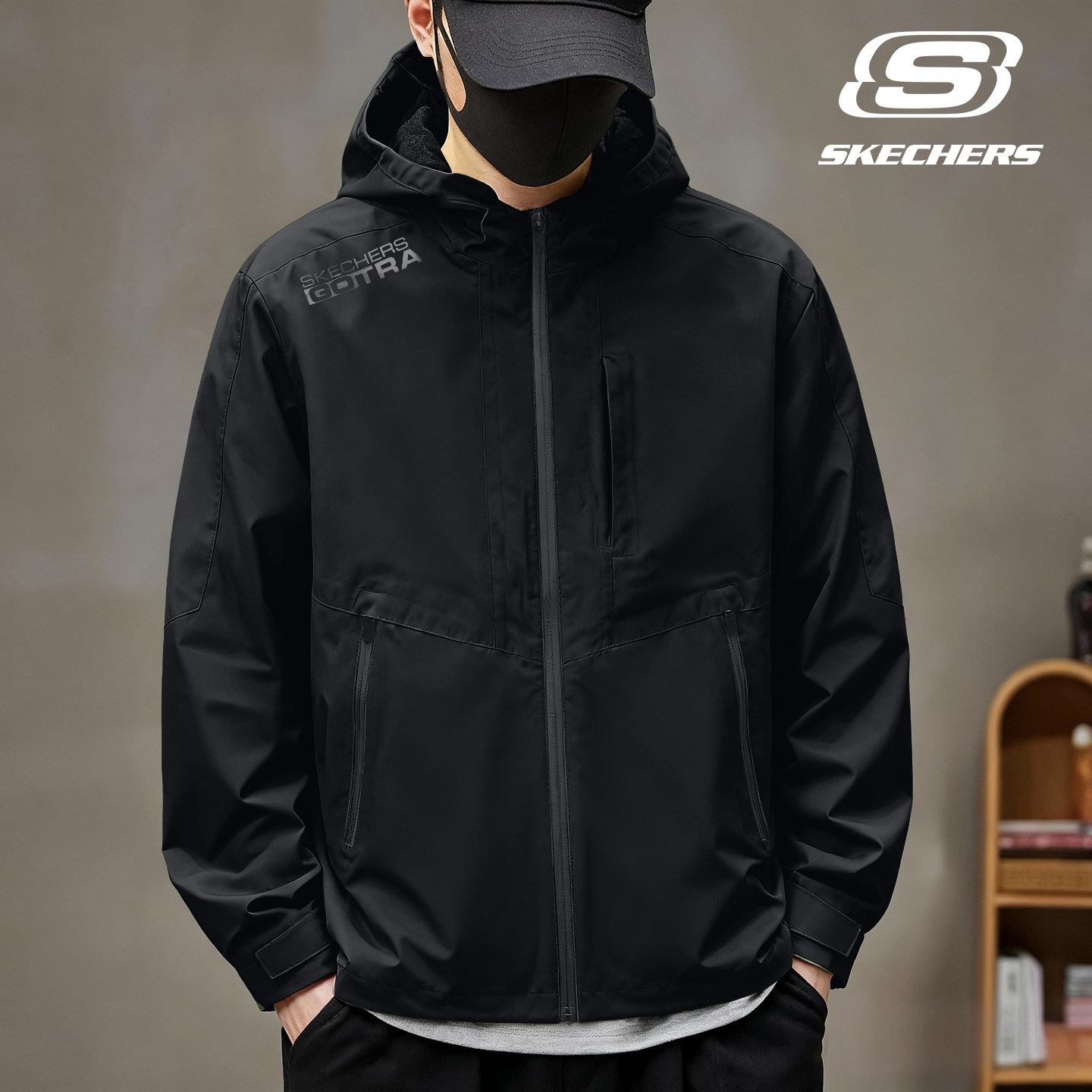 斯凯奇运动风衣男春季新款户外防风防水登山服外套男式黑色冲锋衣