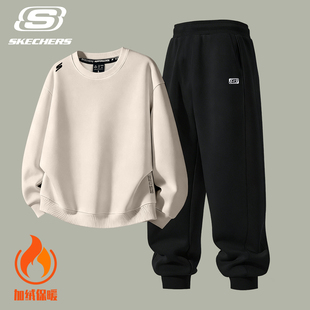 斯凯奇青少年运动套装男秋冬季新款加绒加厚卫衣长裤宽松两件套装