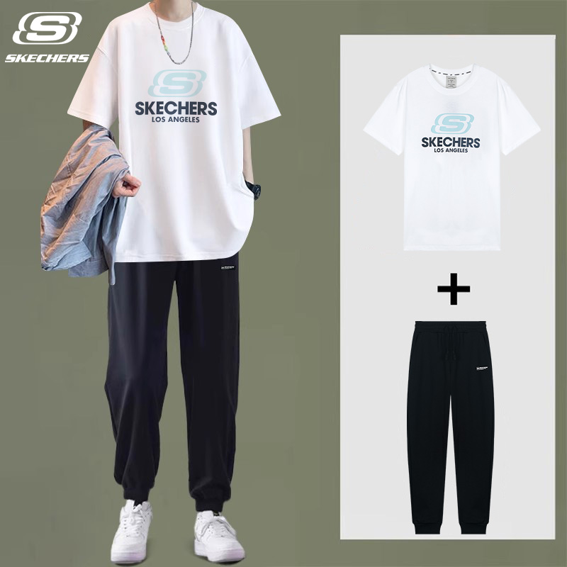 斯凯奇运动套装男2025夏季新款时尚休闲跑步健身服透气针织两件套