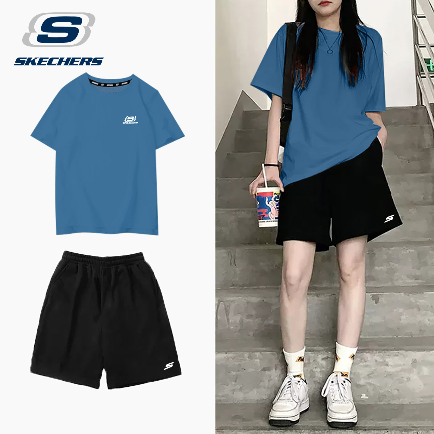 斯凯奇运动套装女夏季宽松透气短袖短裤学生中考体测跑步两件套装