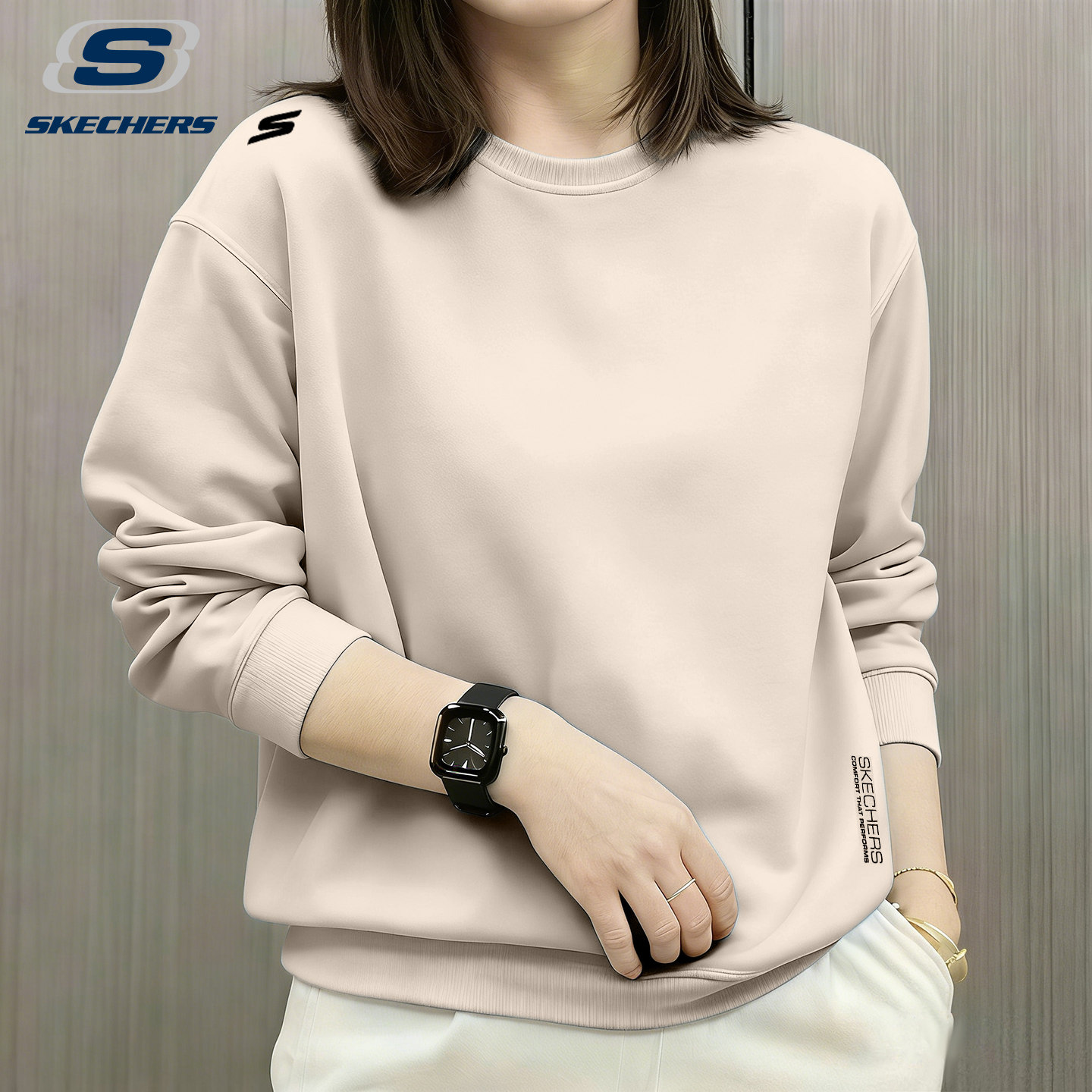 斯凯奇套头衫女款韩版加绒运动卫衣棕色圆领秋冬季通勤舒适长袖女