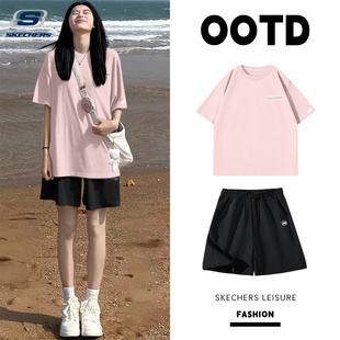 斯凯奇运动套装女2025夏季新款运动速干短裤短袖冰丝宽松羽毛球服