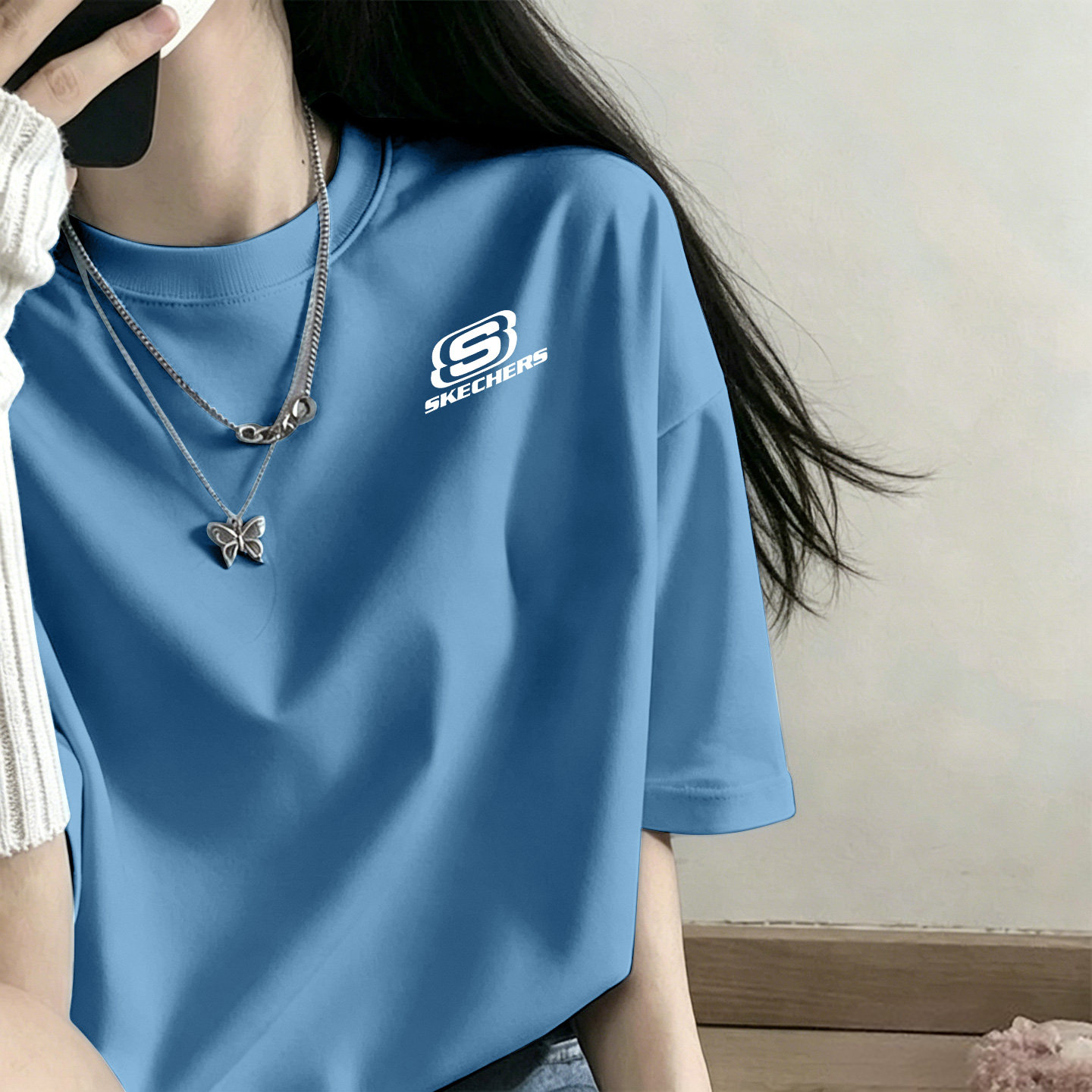 斯凯奇蓝色休闲纯棉短袖T恤女夏